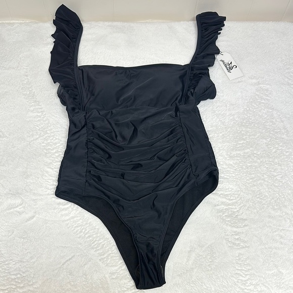 Chic Black Ruffled One-Piece Swimsuit - Picture 1 of 9